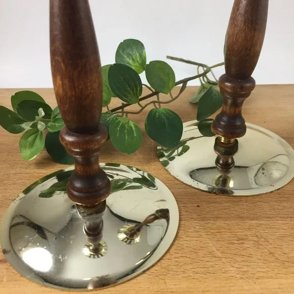Retro Turned Wood and Metal Pair Candle Holders Votive Tall - Picture 6 of 10